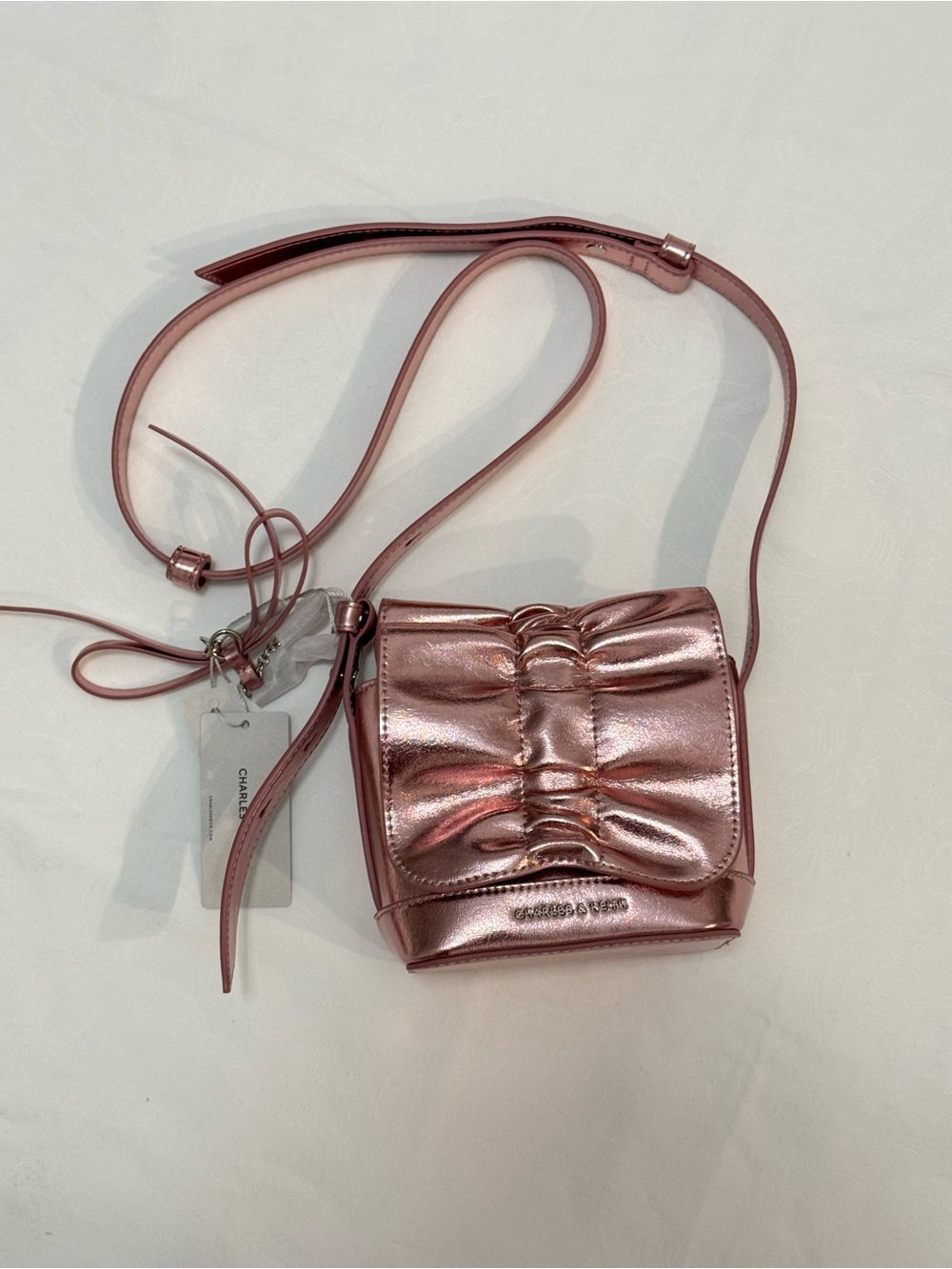 Charles & Keith Kadee Metallic Bow-Charm Ruched Mini Bag - Aura Pink XXS new - Picture 7 of 11